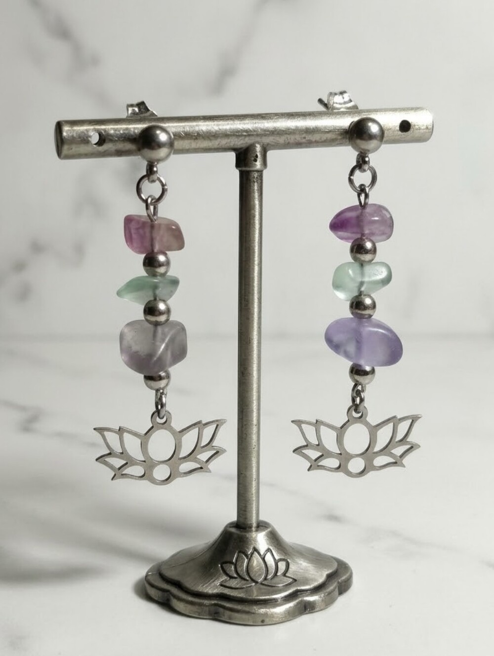Handcrafted Fluorite Crystal & Silver Lotus Flower Dangle Earrings